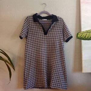 Zara Retro Nautical Print Woven Preppy Collared V Neck Shift Polo Dress